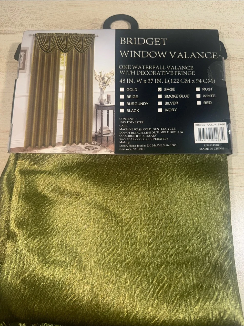 NWT Pack of 2 Bridget Window Valance Crushed Satin Sage Green